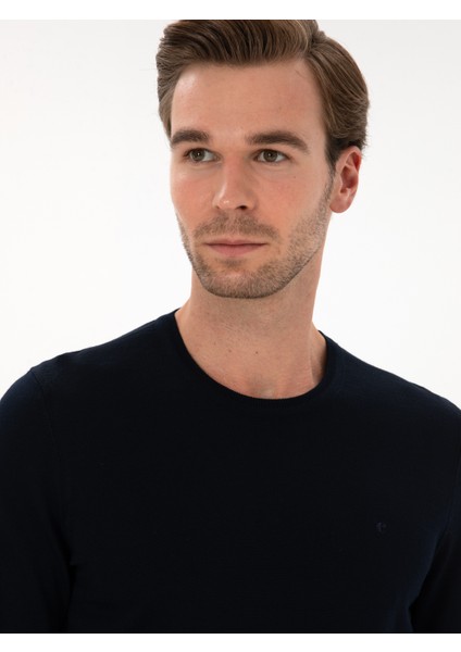 Erkek Lacivert Slim Fit Yün Karışımlı Bisiklet Yaka Basic Triko Kazak 50315266-VR033 fiyatları