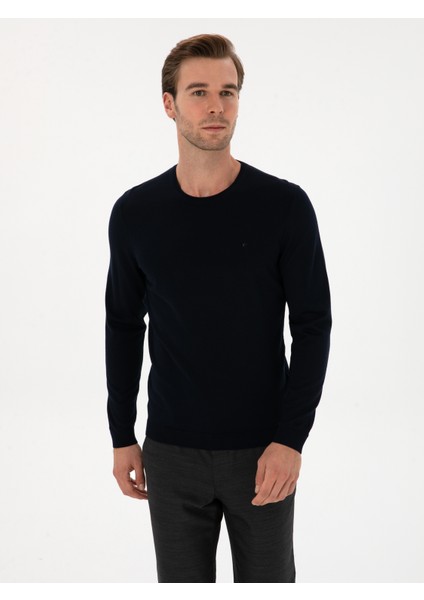 Erkek Lacivert Slim Fit Yün Karışımlı Bisiklet Yaka Basic Triko Kazak 50315266-VR033 modelleri