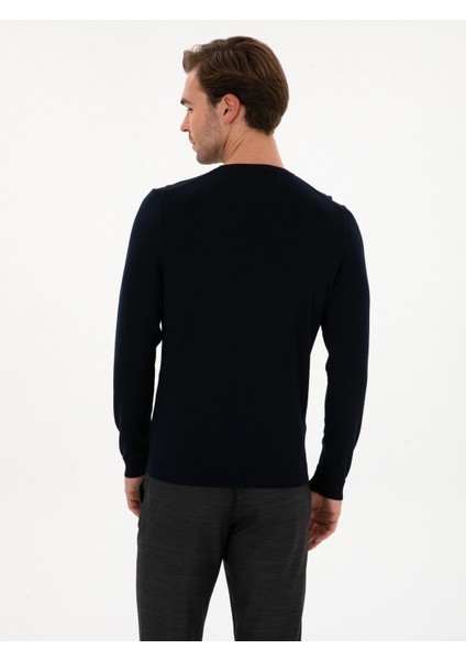 Erkek Lacivert Slim Fit Yün Karışımlı Bisiklet Yaka Basic Triko Kazak 50315266-VR033 indirimleri