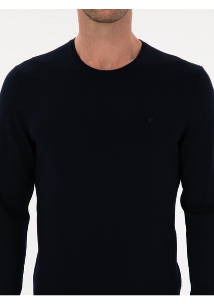 Erkek Lacivert Slim Fit Yün Karışımlı Bisiklet Yaka Basic Triko Kazak 50315266-VR033