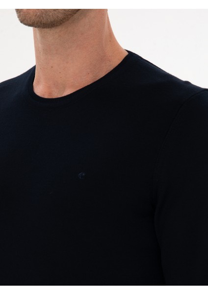 Erkek Lacivert Slim Fit Yün Karışımlı Bisiklet Yaka Basic Triko Kazak 50315266-VR033