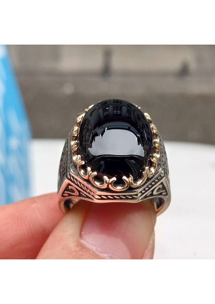 925 Ayar Gümüş Siyah Oniks Taşlı Ay Yıldız Işlemeli Erkek Yüzük