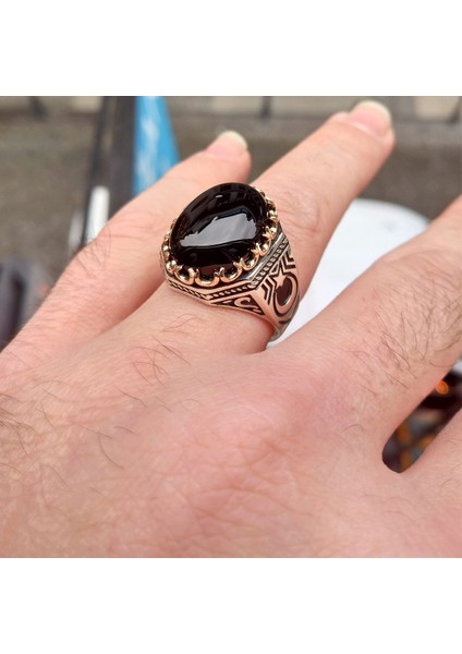 925 Ayar Gümüş Siyah Oniks Taşlı Ay Yıldız Işlemeli Erkek Yüzük fiyatları