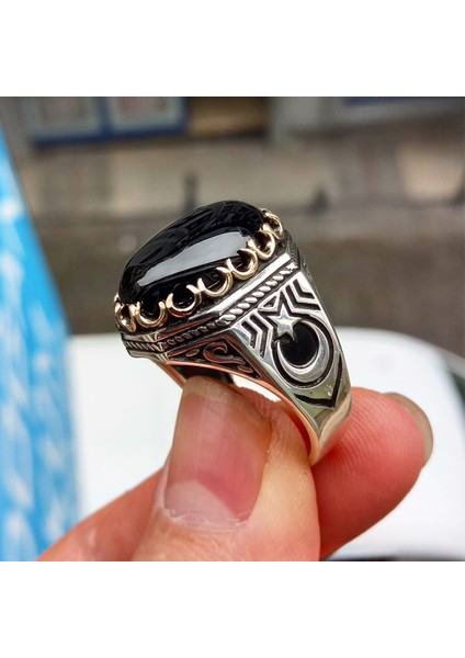 925 Ayar Gümüş Siyah Oniks Taşlı Ay Yıldız Işlemeli Erkek Yüzük modelleri