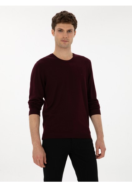 Erkek Açık Bordo Slim Fit Yün Karışımlı Bisiklet Yaka Basic Triko Kazak 50315266-VR263