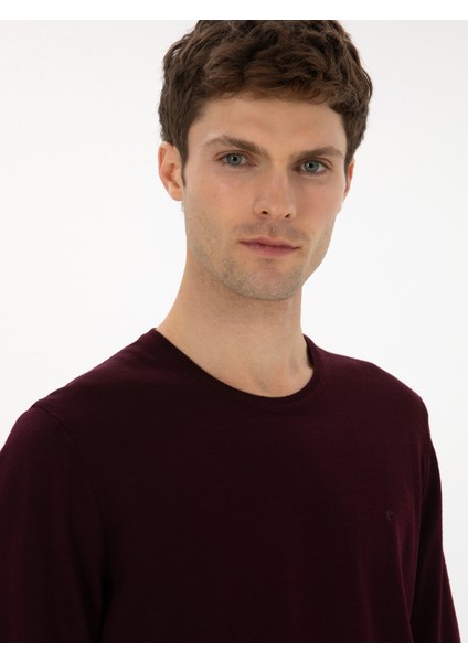 Erkek Açık Bordo Slim Fit Yün Karışımlı Bisiklet Yaka Basic Triko Kazak 50315266-VR263 fiyatları