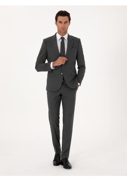 Erkek Füme Slim Fit Çizgili Mono Yaka Yün Karışımlı Takım Elbise 50316335-VR058