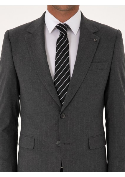 Erkek Füme Slim Fit Çizgili Mono Yaka Yün Karışımlı Takım Elbise 50316335-VR058