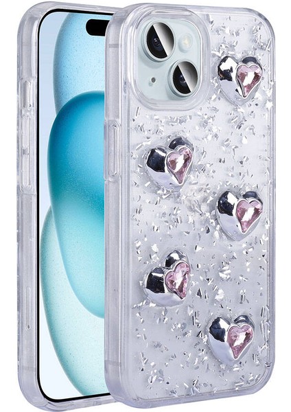 Apple iPhone 13 Kılıf Airbagli Simli Arka Yüzey Omsy Işıltı Silikon Kapak-Beyaz-Kalp