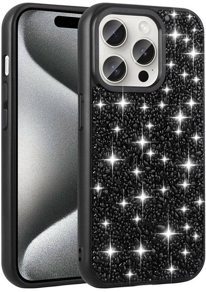 Apple iPhone 15 Pro Kılıf Parlak Taşlı Tasarım Omsy Linea Kapak-Siyah