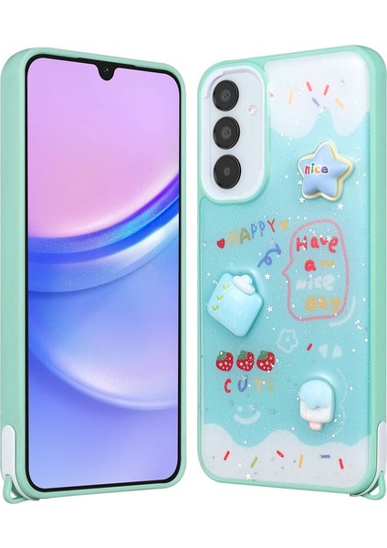 Galaxy A14 Kılıf Parlayan Sıvılı Simli Kabartma Figürlü Omsy Cevze Kapak-Yeşil