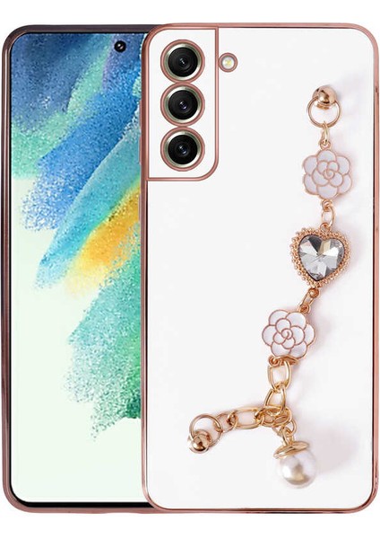 Galaxy S21 Fe Kılıf El Tutamaçlı Kamera Korumalı Omsy Taka Silikon Kapak-Beyaz