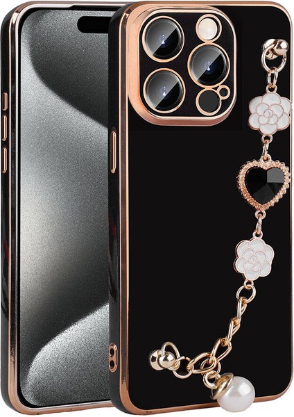 Apple iPhone 15 Pro Max Kılıf El Tutamaçlı Kamera Korumalı Omsy Taka Silikon Kapak-Siyah