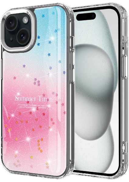 iPhone 15 Plus Uyumlu Simli Desenli Parlak Omsy Task Kapak-Pembe fiyatları