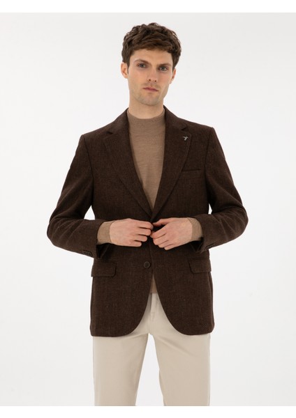 Erkek Kahverengi Slim Fit Yün Karışımlı Flanel Görünümlü Ceket 50310747-VR029