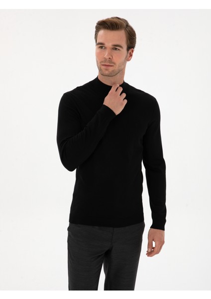 Erkek Siyah Slim Yün Karışımlı Fit Yarım Balıkçı Basic Triko Kazak 50315296-VR046