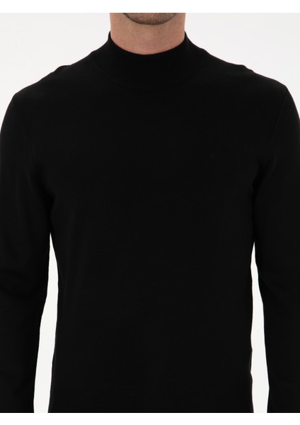 Erkek Siyah Slim Yün Karışımlı Fit Yarım Balıkçı Basic Triko Kazak 50315296-VR046