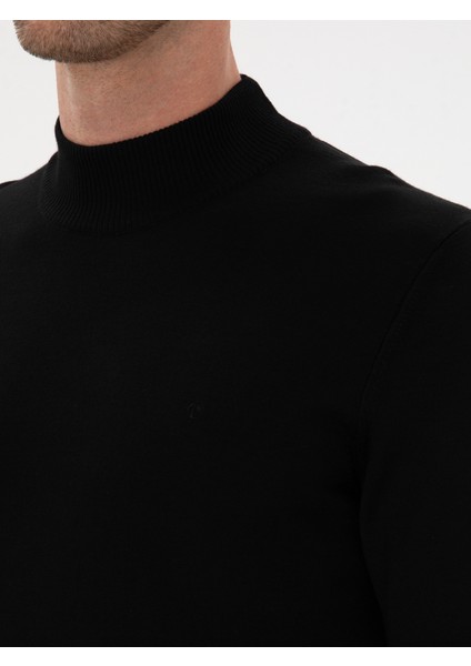 Erkek Siyah Slim Yün Karışımlı Fit Yarım Balıkçı Basic Triko Kazak 50315296-VR046