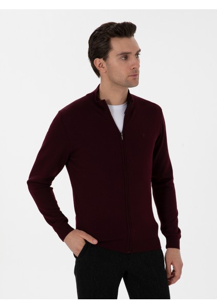 Erkek Bordo Regular Fit Tam Fermuarlı Triko Hırka 50275636-VR014