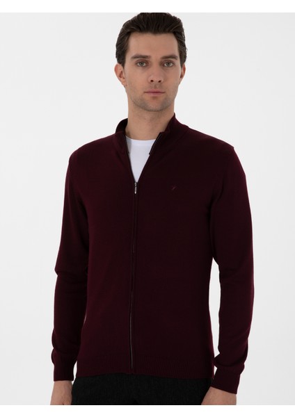 Erkek Bordo Regular Fit Tam Fermuarlı Triko Hırka 50275636-VR014