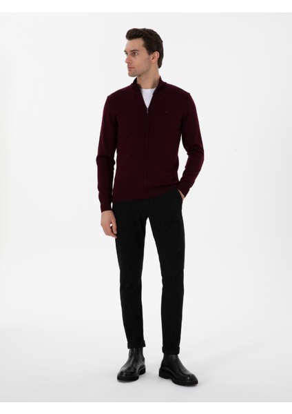 Erkek Bordo Regular Fit Tam Fermuarlı Triko Hırka 50275636-VR014