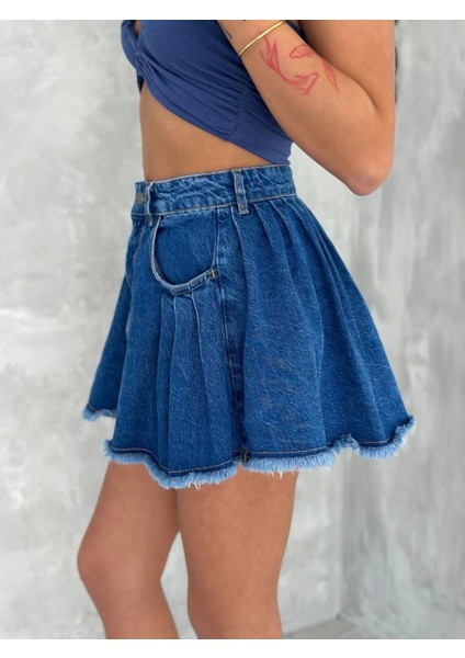 Şık Pileli Yazlık Mini Etekli Kot- Saks Mavisi fiyatları