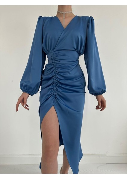 Mavi V Yaka Saten Elbise modelleri