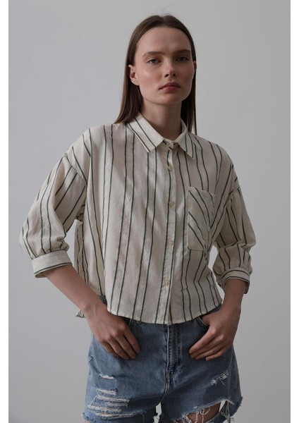 Çizgili Kısa Gömlek - Bej-Yeşil fiyatları