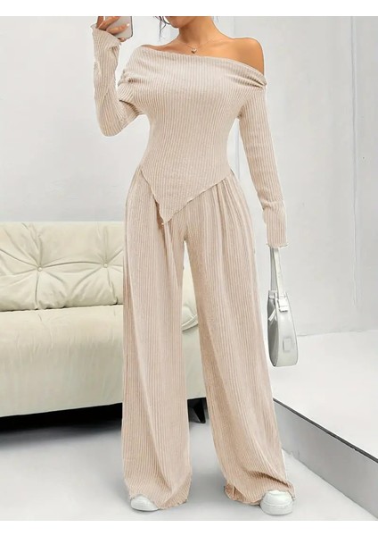 Kadın Uzun Kollu Omuzlardan Açık Asimetrik Kesim Kaşkorse Bluz ve Pantolon Ikili Pantolon fiyatları