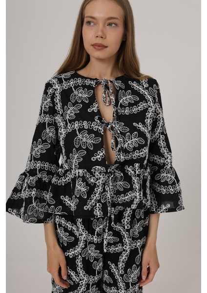 Fiyonk Bağlamalı Brode Bluz - Siyah modelleri