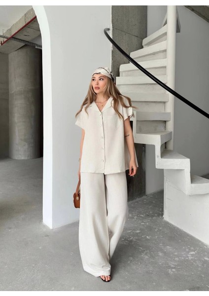 Keten Kısa Kollu Cepli Gömlek Pantolon Ikili Takım - Beyaz fiyatları