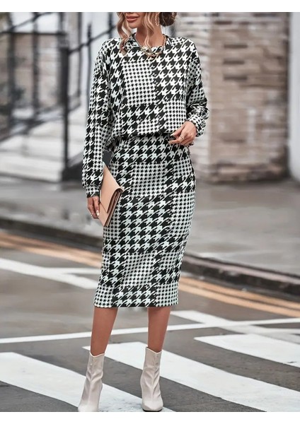 Kadın Uzun Kollu Bisiklet Yaka Şardonlu Dalgıç Bluz ve Yırtmaçlı Midi Etek Takım