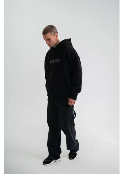 Unisex Üç Iplik Kapşonlu Nakışlı Sweatshirt - Siyah fırsatları