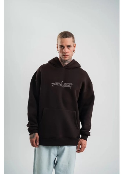 Unisex Üç Iplik Kapşonlu Nakışlı Sweatshirt - Kahve