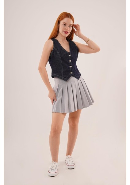 Düğme ve Ön Dikiş Detaylı Lacivert Jean Yelek fiyatları