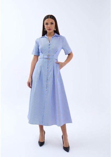 6948 Elbise-Mavi Beyaz Çizgili