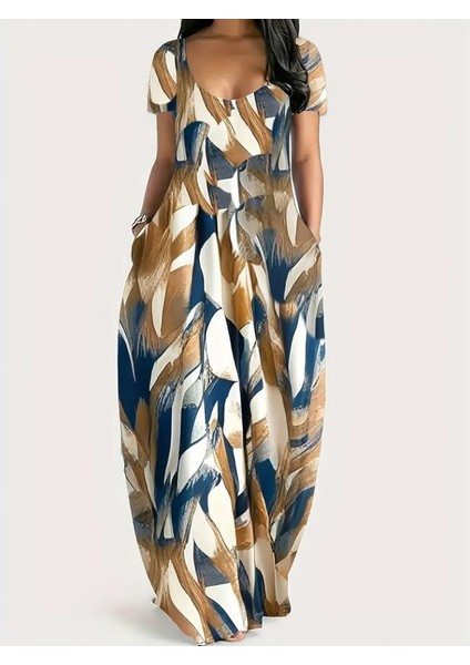 Kadın Kısa Kollu Yuvarlak Yaka Cepli Salaş Baskılı Süprem Elbise modelleri