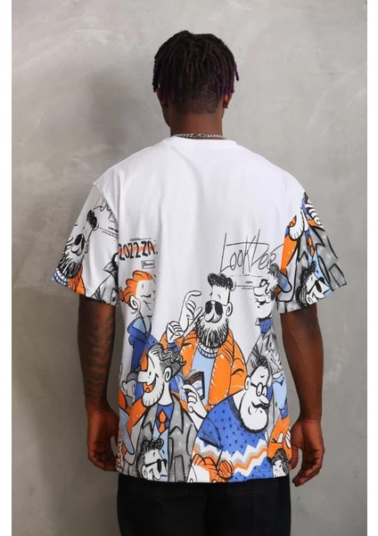 Unisex Oversize Baskılı Bisiklet Yaka T-Shirt - Beyaz fiyatları