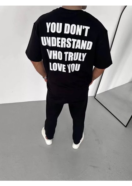 Unisex Bisiklet Yaka Baskılı Oversize T-Shirt - Siyah modelleri