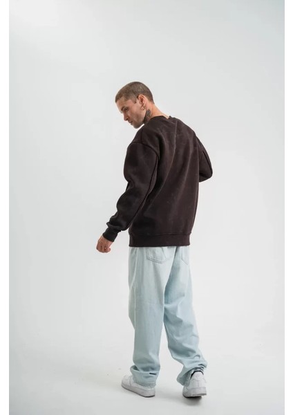 Polızeı Premium Kalite Bisiklet Yaka Yıkamalı Sweatshirt - Kahverengi modelleri