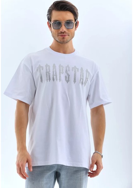 Unisex Oversize Taşlı Bisiklet Yaka T-Shirt - Beyaz fırsatları