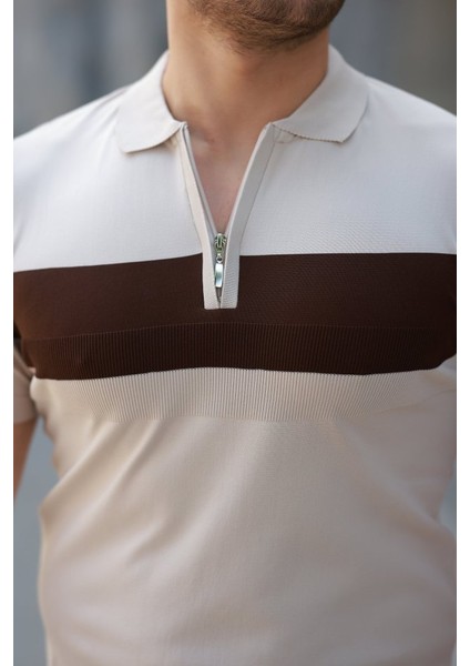 Erkek Fermuar Yakalı Şerit Renk Desenli Kısa Kollu Tişört modelleri