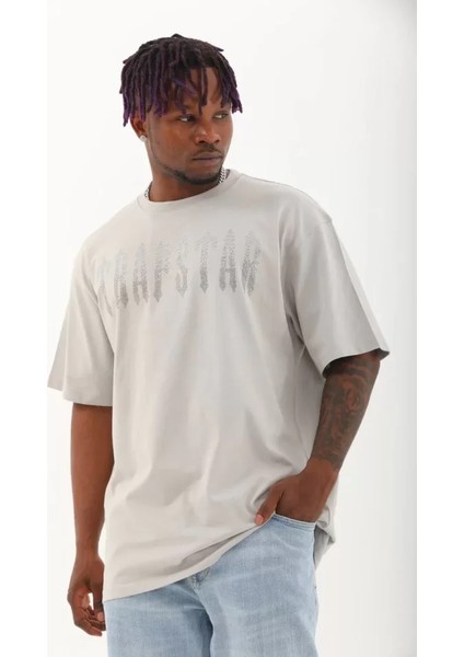 Unisex Oversize Taşlı Bisiklet Yaka T-Shirt - Gri