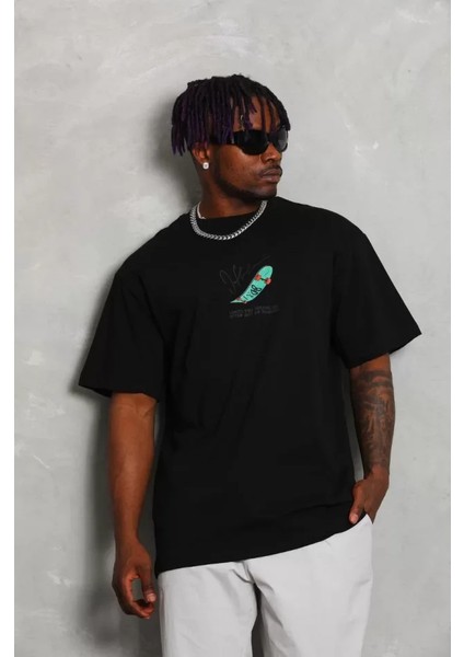 Unisex Oversize Baskılı Bisiklet Yaka T-Shirt - Siyah fiyatları