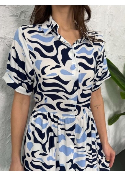 Baskılı Keten Elbise - Lacivert fiyatları