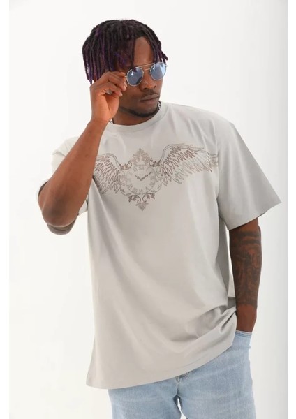 Unisex Oversize Taşlı Bisiklet Yaka T-Shirt - Gri