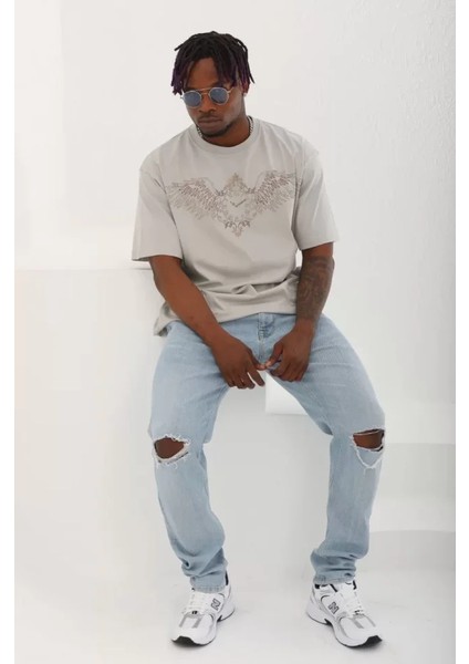 Unisex Oversize Taşlı Bisiklet Yaka T-Shirt - Gri fırsatları