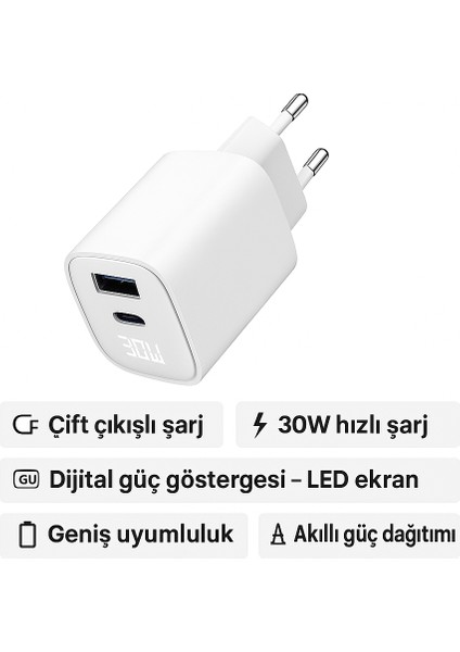 Dijital Göstergeli 30W Usb-C + Usb-A Gan Hızlı Şarj Adaptörü Seyahat Dostu, Ultra Güvenli