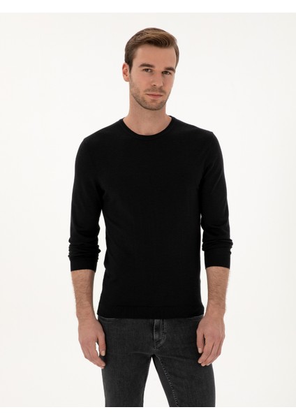 Erkek Siyah Slim Fit Kaşmir İpek Karışımlı Bisiklet Yaka Triko Kazak 50316307-VR046