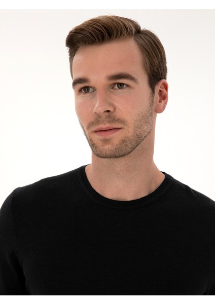 Erkek Siyah Slim Fit Kaşmir İpek Karışımlı Bisiklet Yaka Triko Kazak 50316307-VR046 fiyatları